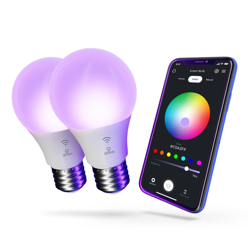Globe Electric 34207 Wi-Fi Smart 10 Watt (60W Equivalent) Multicolor Changing RGB Tunable White Frosted LED Light Bulb 2-Pack, No Hub Required, Voice Activated, 2000K - 5000K, A19 Shape, E26 Base Color Changing