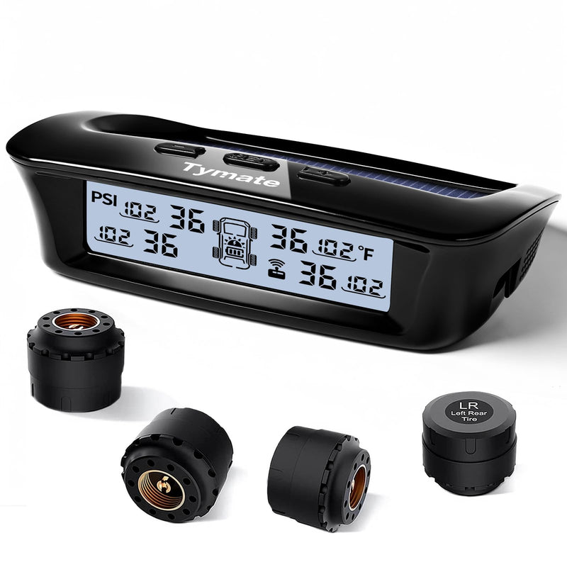 Tymate RV Tire Pressure Monitoring System - M12-3 Tire Pressure Monitor System (0-87 PSI) with Solar Charge, 5 Alarm Modes, Auto Sleep Mode, LCD Display, RV TPMS with 4 Sensors, Easy to Install 4-Sensors