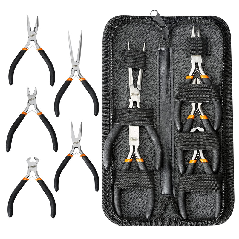 SOONAN 5 Pieces Mini Pliers, Long Lasting Tool Set Cable Cutters – Long Needle Nose, Long Nose, Nipper Bent Nose, End Cutting, Diagonal Cutting, Precision Pliers Set 5 Pieces， Black