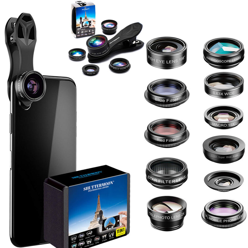 SHUTTERMOON iPhone Camera Lens Kit iPhone Smartphones/Pixel/Samsung/Android Phones Camera. 2xTele Lens ZoomLens+Fisheye Lens+0.36XSuper Wide Angle Lens & 20X Macro Lens CPL.Blue &Red Filter Filter 11 in 1