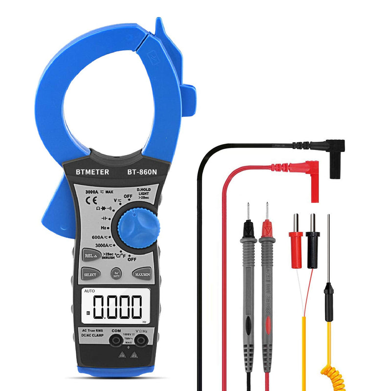 Digital Clamp Meter 3000A Amp Meter, BTMETER Auto Ranging Multimeter True-RMS Measure AC/DC Current Voltage Frequency Resistance Capacitance Temperature, Electrical Tester BT-860N Blue