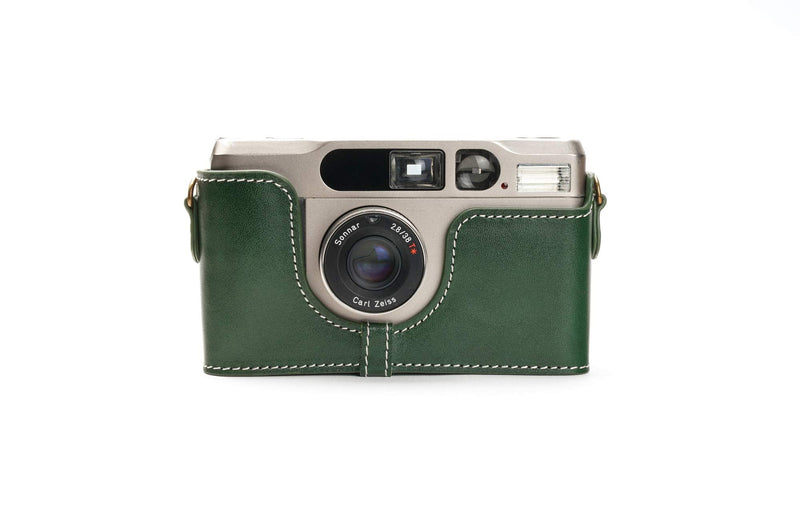 Contax T2 Case, BolinUS Handmade Genuine Real Leather Half Camera Case Bag Cover for Contax T2 Camera With Hand Strap (Green) Green