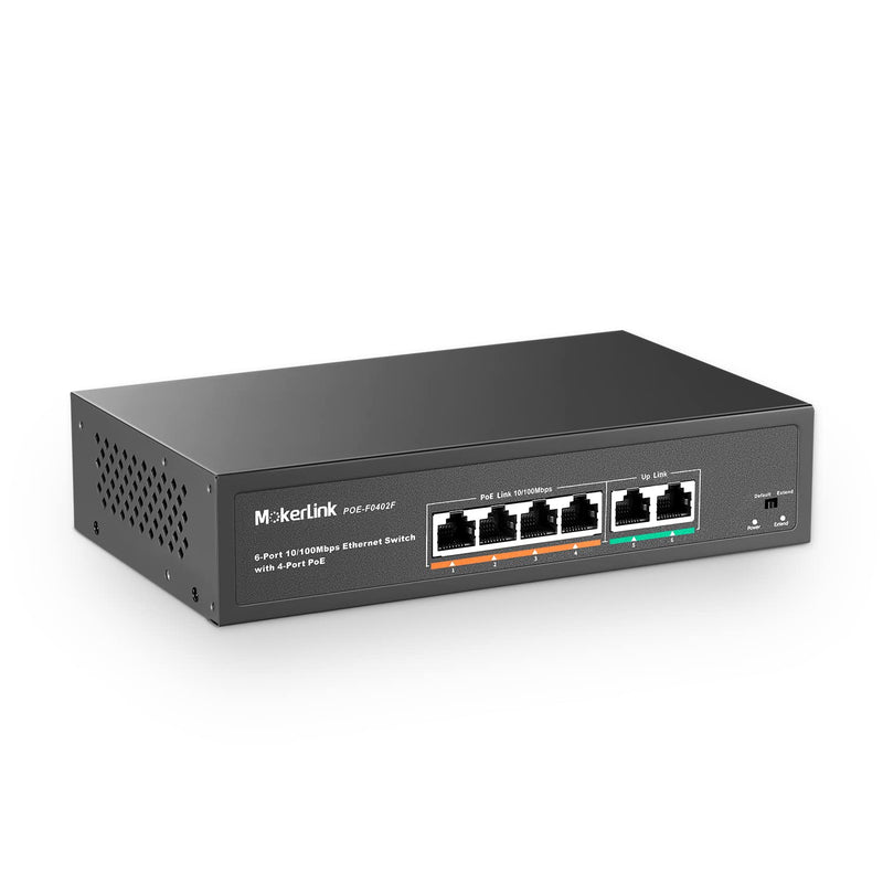 MokerLink 6 Port PoE Switch with 4 Ports PoE+, 2 Fast Ethernet Uplink, 10/100Mbps, 78W High Power, Support IEEE802.3af/at, Fanless Metal Plug & Play PoE+ Network Switch 4 PoE + 2 FE