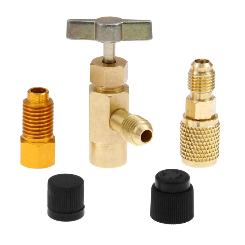 gohantee R1234yf Can Tap Adapter Fitting Kits, 1/4 SAE to 1/2 Acme LH Can Bottle Tap Opener with 1/4'' SAE Female Adapters and Seal Caps, Brass Dispenser for R134a R12 R22 Charging Hose