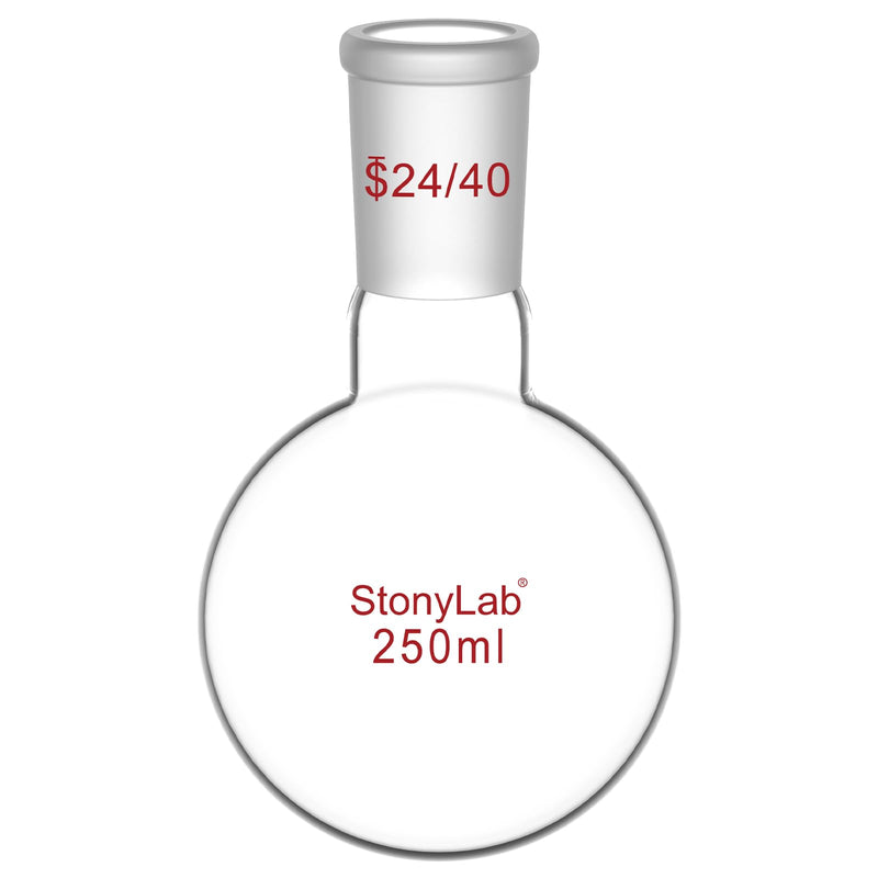 StonyLab Glass 250ml Short Neck Round Bottom Flask, Borosilicate Glass Single Neck Heavy Wall Flask RBF with 24/40 Standard Taper Outer Joint - 250ml 250 ml