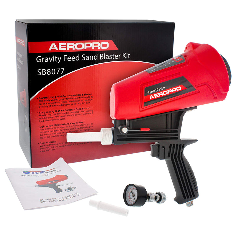 TCP Global Gravity Feed Sand Blaster Gun Kit - Portable Air Compressor Sandblaster, 2 Ceramic Nozzles & Regulator - Abrasive Media & Soda Blaster - Rust, Metal, Wood & Paint Removal Gravity Feed Gun