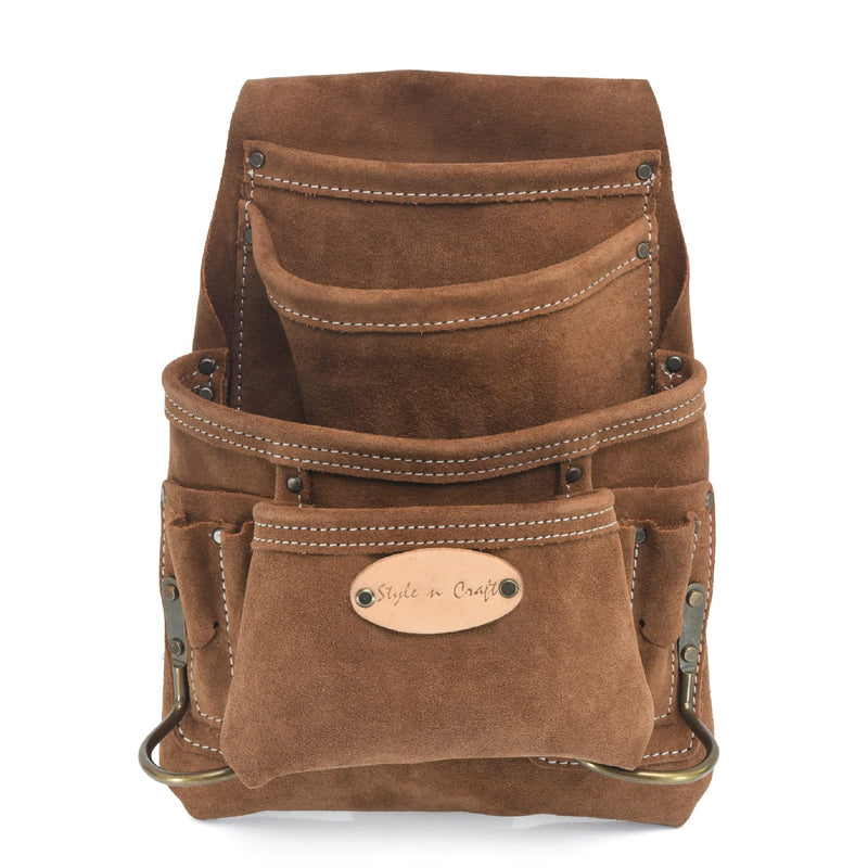 Style n Craft 10-Pocket Carpenter’s Nail and Tool Pouch, Heavy-Duty Suede Leather Pouch, Dark Tan (88923) Dark Tan - Standard