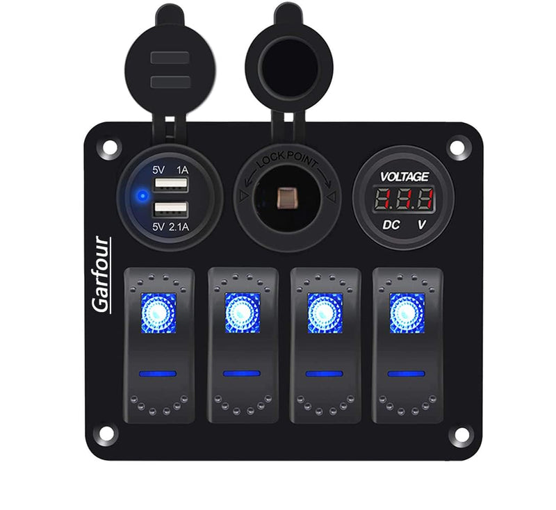 4 Gang Waterproof Marine Rocker Switch Panel, 12A 24V Boat Switch Panel with 2.1A USB Fast Charger, Digital Voltmeter, Cigarette Lighter Socket, Switch Panel for Pontoon Boat RV Truck ATV UTV 4 Gang Blue