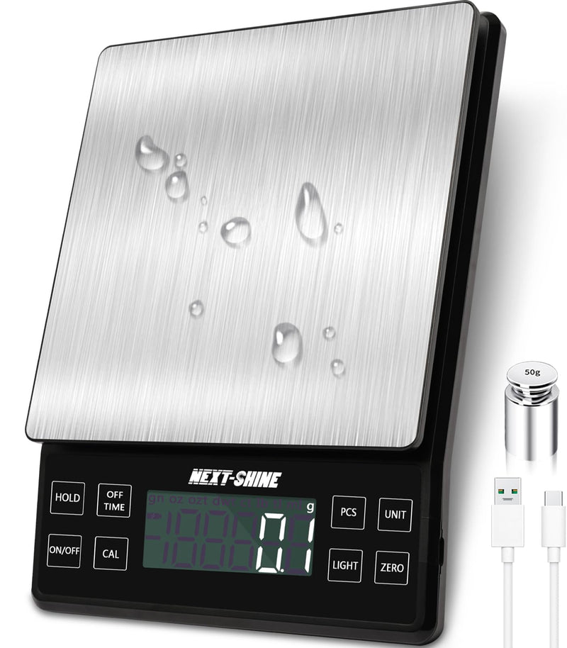 NEXT-SHINE Food Kitchen Scale 11lb, 0.1g/0.01oz Precise Graduation Rechargeable Digital Scale with Nine Units Large Tray Stainless Steel Platform LCD Display for Meal Prep Cooking Baking Black