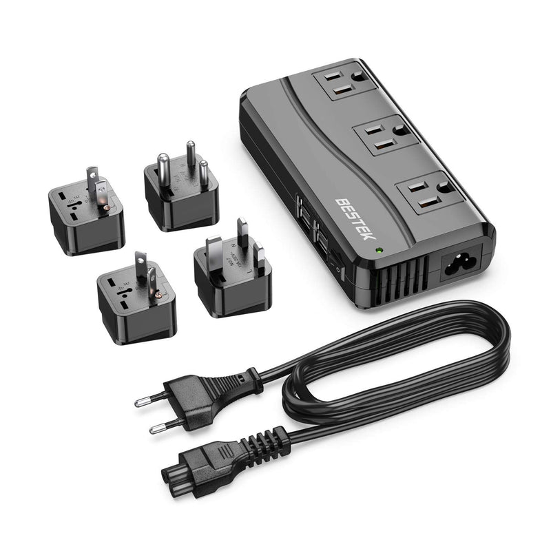 BESTEK Universal Travel Adapter 100-220V to 110V Voltage Converter 250W with 6A 4-Port USB Charging 3 AC Sockets and EU/UK/AU/US/India Worldwide Plug Adapter (Black) 02 EU Plug Black