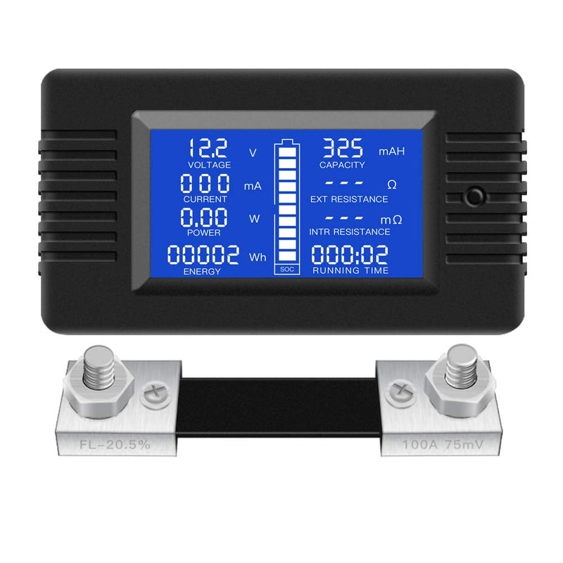 DC Multifunction Battery Monitor Meter,0-200V,0-100A (Widely Applied to 12V/24V/48V RV/Car Battery) LCD Display Digital Current Voltage Solar Power Meter Multimeter Ammeter Voltmeter DC 100A Battery Meter（100A Shunt）