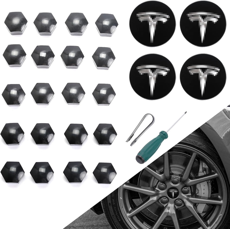 ROCCS Compatible with Model 3 S X Set Aero Wheel Cap Kit, Center Logo Emblem Modification Hub Cover with Cap Lug Nut Cover, Black+Silver Silver(for Model 3 S X)