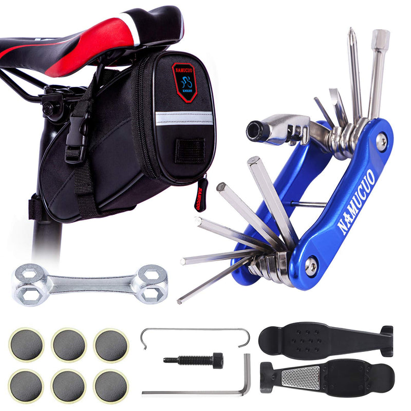 YBEKI 10-in-1 Bike Repair Kit with, 3-in-1 Tire Levers, Glueless Patches, Multifunctional Bone Wrench & Waterproof Saddle Bag | Compact Bicycle Multi-Tool Kit for Emergency Roadside Repairs Blue Tool Kits 10 in 1 + Bag
