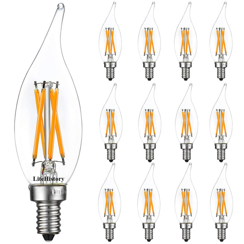 LiteHistory E12 led Bulb Dimmable 6W Equal 60 Watt LED Light Bulbs 2700K AC120V led Edison Bulb CA10 CA11 led Candelabra Bulb for Chandelier Light Bulbs and Ceiling Fan Light Bulbs 600LM Clear 12Pack Flame Tip 2700k 12pack