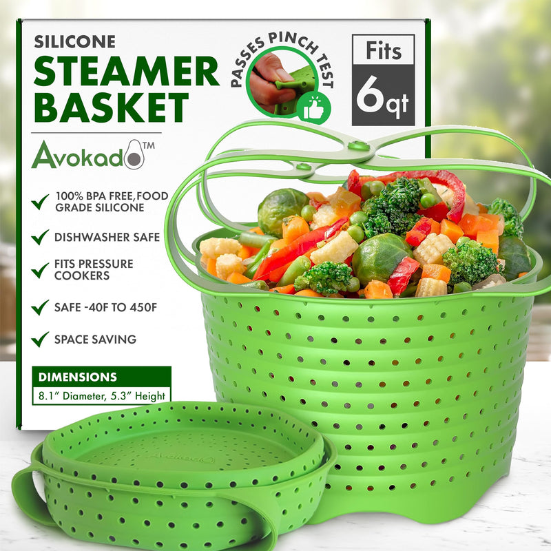 Avokado Silicone Steamer Basket for 6qt Instant Pot [3qt, 8qt avail], Other Pressure Cookers - 100% Food Safe, BPA-Free, Dishwasher Safe Collapsible Vegetable Steamer Basket & Strainer 6 QT Green