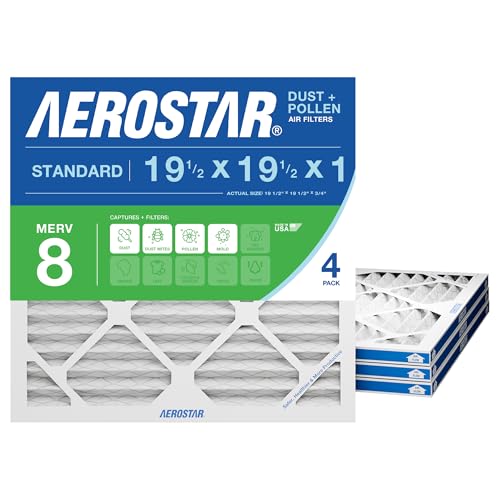 Aerostar 19 1/2x19 1/2x1 MERV 8 Pleated Air Filter, AC Furnace Air Filter, 4 Pack (Actual Size: 19 1/2" x 19 1/2" x 3/4") Standard MERV 8