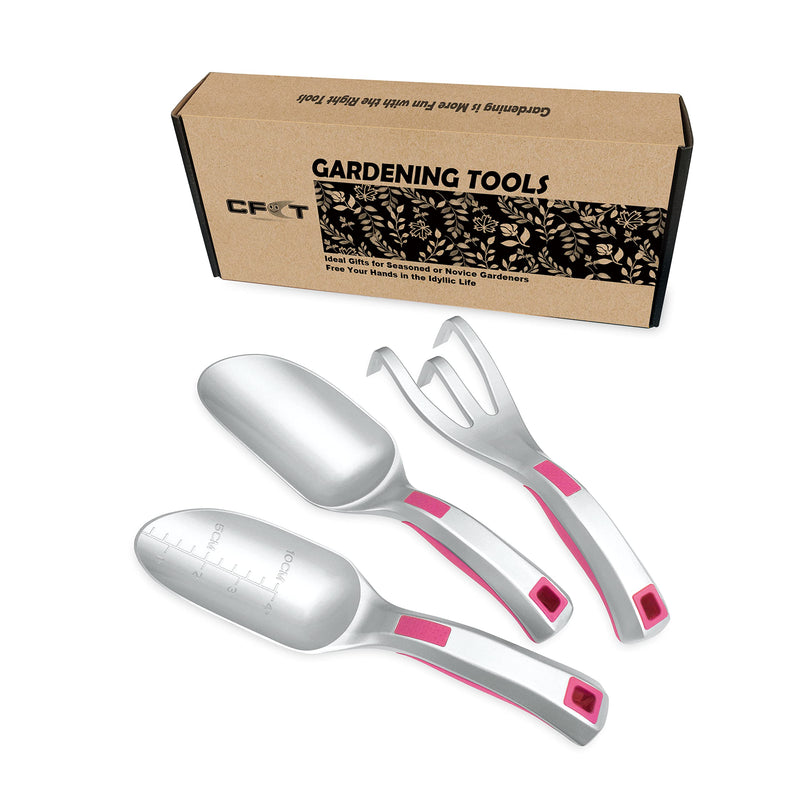Garden Tool Set, 3PC Bend Proof Gardening Tool Kits (Soil Scooper, Garden Trowel, Cultivator Hand Rake), One-Piece Aluminum, Garden Gift Pink