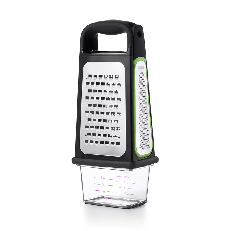 OXO Good Grips Etched Box Grater with Removable Zester | Ideal for Grating Cheese or Zesting Fruits | Storage Container Included | 4 Sided Grater | Comfortable Handle Box Grater with Removeable Zester
