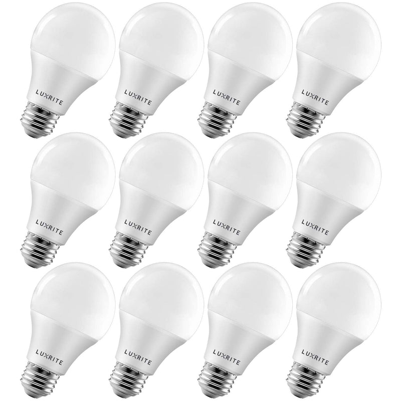 LUXRITE A19 LED Light Bulb 60W Equivalent, 5000K Bright White Dimmable, 800 Lumens, Standard LED Bulb 9W, E26 Base, Energy Star, Enclosed Fixture Rated, Perfect for Lamps and Home Lighting (12 Pack) 12 Count (Pack of 1) 5000k (Bright White)