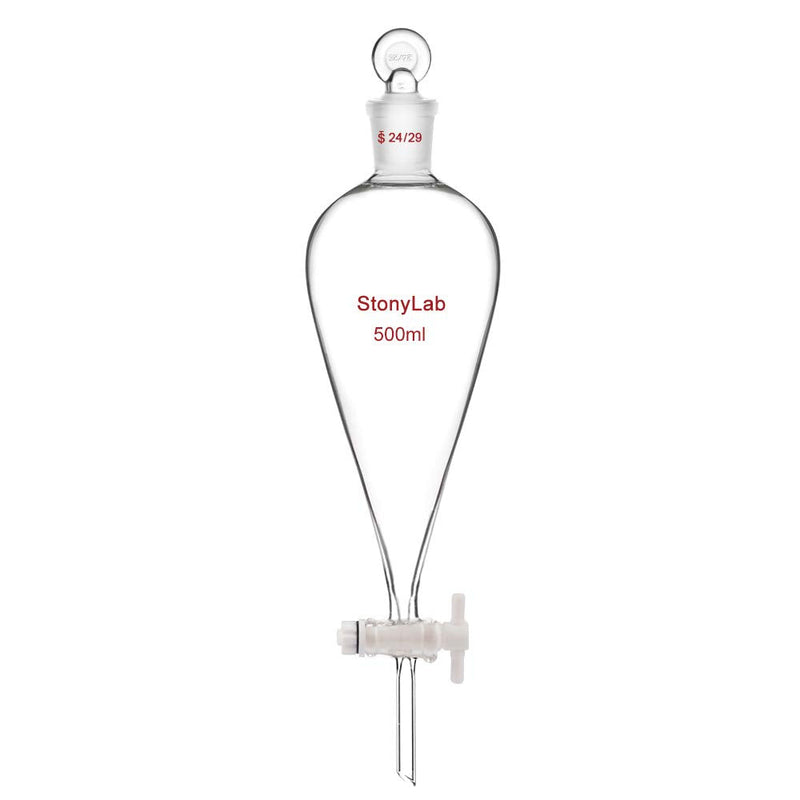 stonylab PTFE Stopcock Separatory Funnel 500 ml, Borosilicate Glass Heavy Wall Conical Pear-Shaped Funnel with 24/29 Joint
