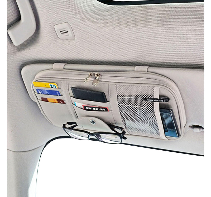 Da by Car Sun Visor Organizer, Multi-Pocket Visor Organizer Storage Pouch for Cars, SUVs & Trucks with Double Zippers, Elastic Bands & Glasses Clip - Organizes Essentials Keep Tidy (Cream Grey) Cream Grey
