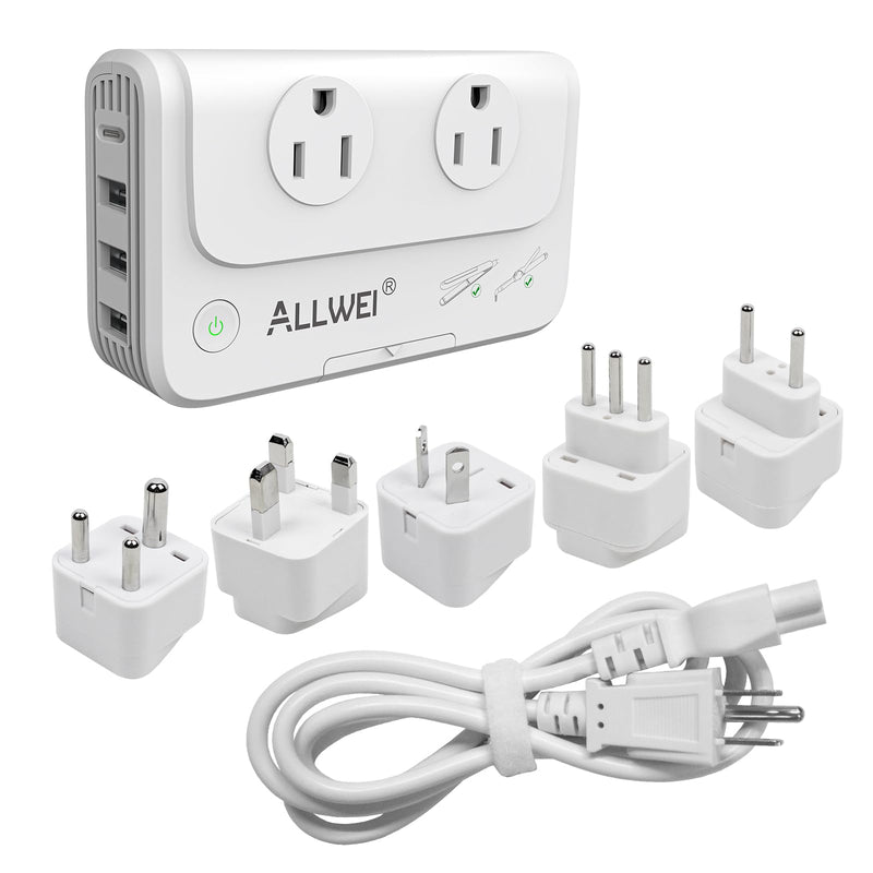 ALLWEI International Travel Adapter 220V to 110V Power Voltage Converter for Hair Straightener/Curling Iron, Universal Power Plug Adapter UK, US, AU, EU, IT, India (White) white