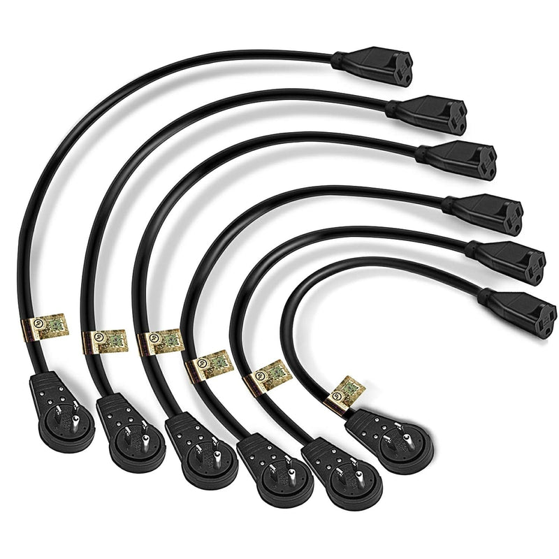 Nekteck 360° Rotating Flat Plug Extension Cord, 1 Foot, 14AWG 3 Prong, Low Profile Right Angle Power Cord Grounded Wire, UL Certified, Black (6 Pack) 6 pack