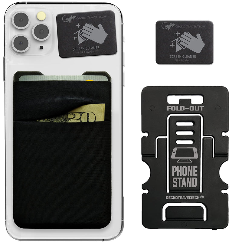 Phone Wallet Double Pocket Gecko - Adhesive Card Holder - Cell Phone Pouch - Stick on Lycra Pocket by Gecko - Carry Credit Cards and Cash (BLACK-BLANK-) BLACK-BLANK