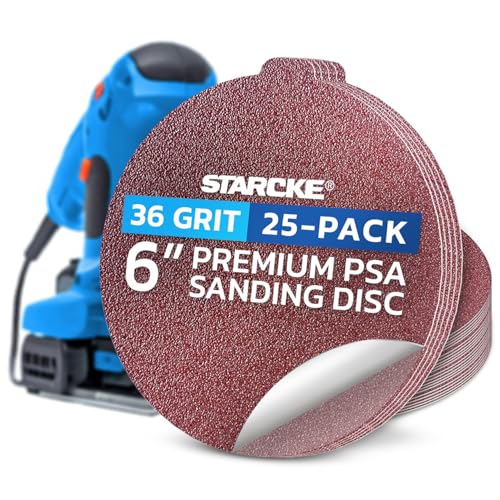 Starcke Sand Paper for Car, 25 Pack Premium 6 Inch Sanding Discs, 36 Grit Sanding Paper, Self Adhesive Orbital Sander Pads, PSA Aluminum Oxide Sandpaper Discs, Auto Sandpaper for Wood, Metal, Paint