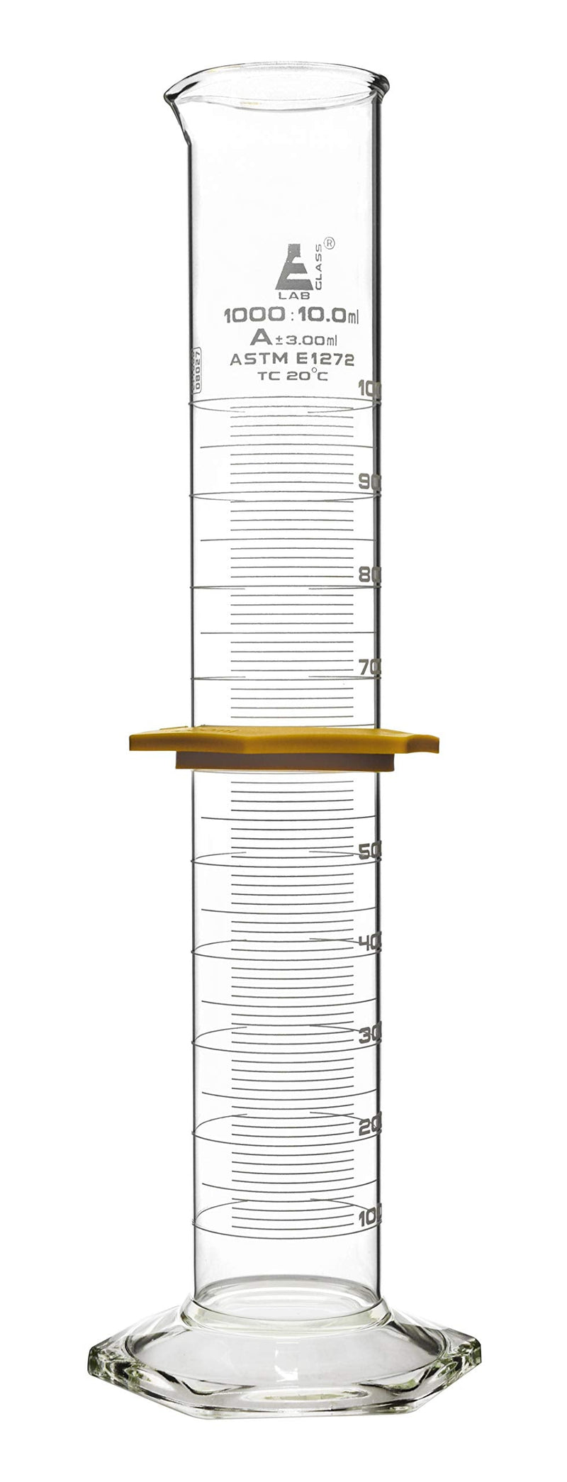 Graduated Cylinder, 1000mL - ASTM, Class A Tolerance ±3.00mL - Protective Collar, Hexagonal Base - White Graduations - Borosilicate 3.3 Glass - Eisco Labs
