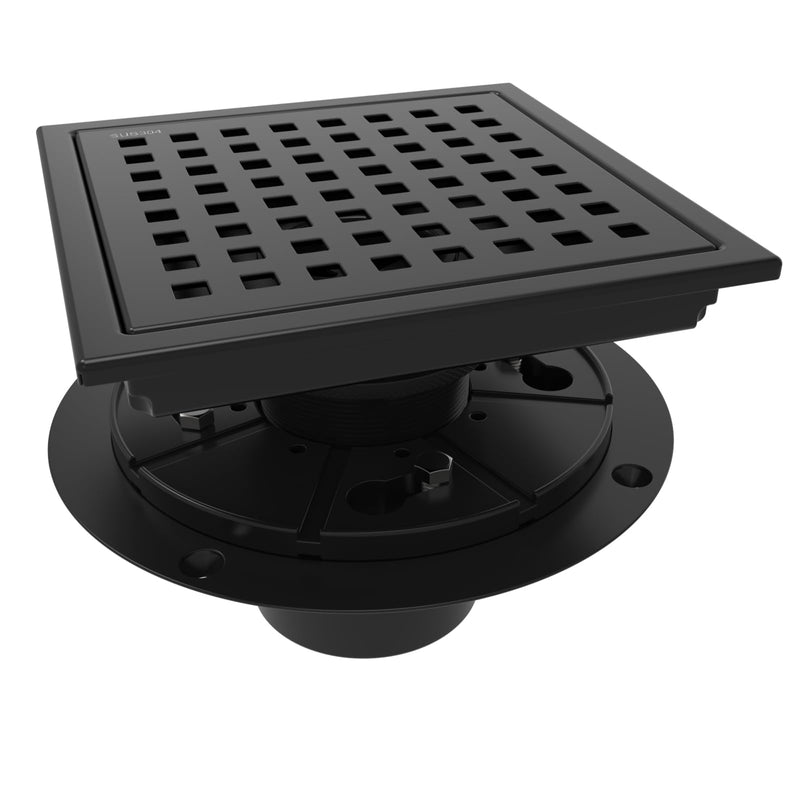 WEBANG 6 Inch Square Shower Floor Drain with Flange,Quadrato Pattern Grate Removable,Food-Grade SUS 304 Stainless Steel,Watermark&CUPC Certified,Matte Black Matte Black