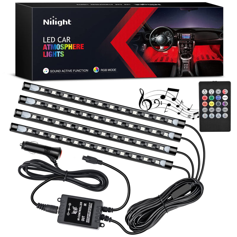 Nilight - TR-06 4PCS 48 LED Interior Lights DC 12V Multicolor Music Car Strip Light Under Dash Lighting Kit with Sound Active Function and Wireless Remote Control, 2 Years Warranty Remote RGB Lights