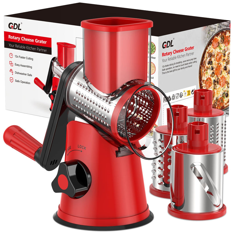 Cheese Grater Rotary, Rotary Grater for Kitchen, Kitchen Grater Vegetable Slicer with 3 Drum Blades, Fast Cutting Cheese Shredder for Vegetables and Nuts Red 3 BLADES