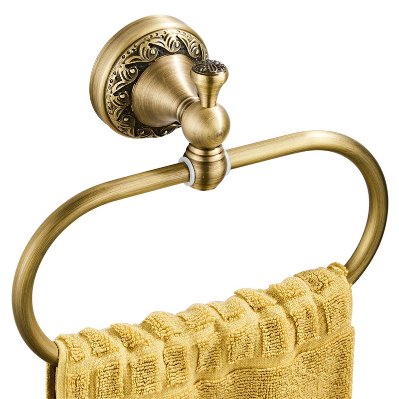 Flybath Oval Towel Ring Antique Brass Exquisite Pattern Carving Hanger Hand Towel Holder for Bathroom Kitchen Accessories Wall Mounted, Brushed Bronze Brushed Bronze (Antique Brass)