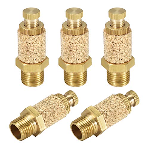 uxcell Sintered Bronze Exhaust Muffler Top Adjustable G1/8 Pneumatic Air Muffler Air Flow Speed Controller Brass Flow Control Muffler 5pcs