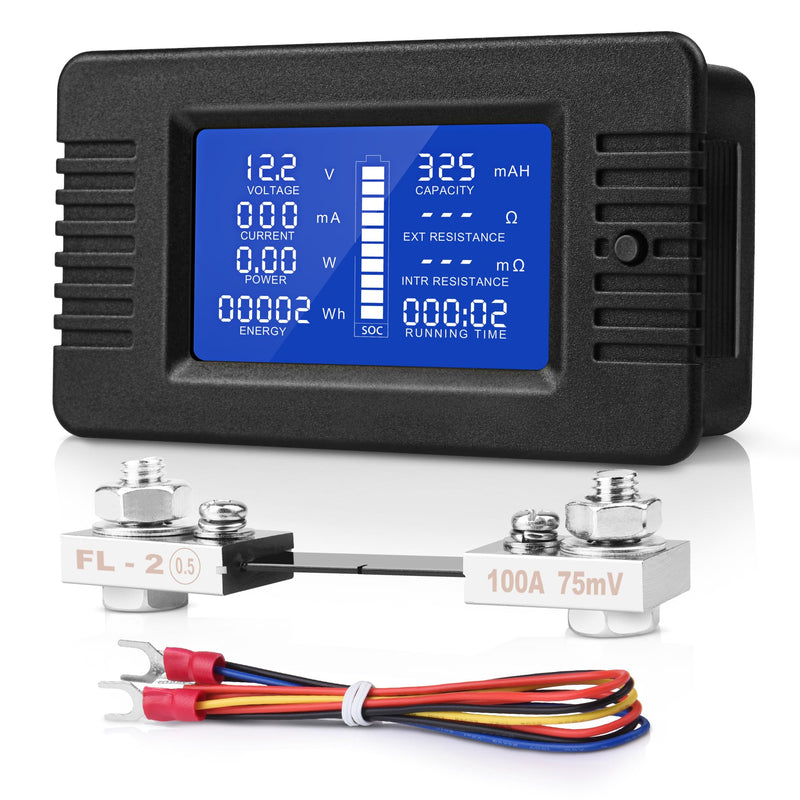 DC Multifunction Battery Monitor Meter, 0-200V 0-100A LCD Display Digital Current Multimeter Voltmeter Ammeter for Cars Rv Solar System