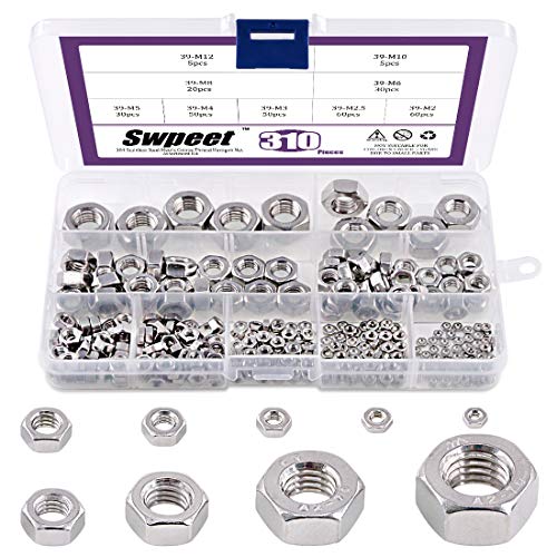 495Pcs Metric 304 Stainless Steel 9 Sizes Hex Nuts Assorment Kit, Coarse Thread Hexagon Nut 9 Sizes - M2 M2.5 M3 M4 M5 M6 M8 M10 M12