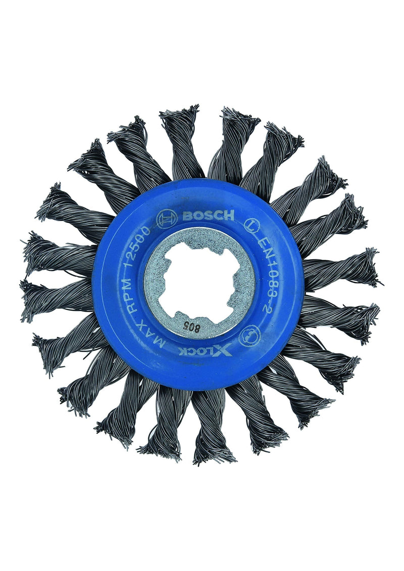 BOSCH WBX428 4-1/2 In. X-LOCK Arbor Carbon Steel Full Cable Knotted Wire Wheel For Applications in Difficult Brushing in Tight Places for Cleaning Welds Carbon Steel Wire Wheel 4-1/2 In.