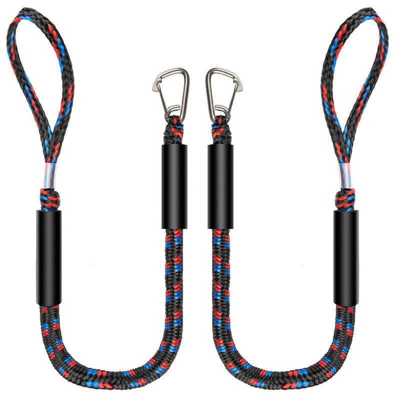Boat Bungee Dock Lines with Clips - Shock-Absorbing Jet Ski Dock Line, PWC Accessories, Boat Mooring Line/Tie Downs for Bass Boat, Fishing Pontoon, Dinghy - 4Feet 1 Loop 1 Clip End Black Blue Red