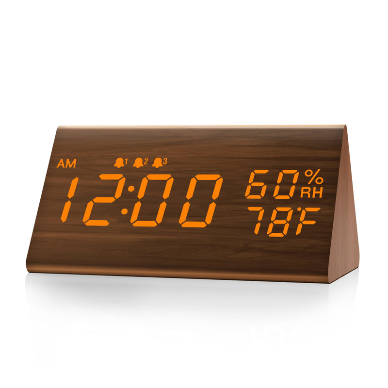 JALL Digital Alarm Clock, with Wooden Electronic LED Time Display, 3 Alarm Settings, Humidity & Temperature Detect, Wood Made Electric Clocks for Bedroom, Bedside (Brown) Brown