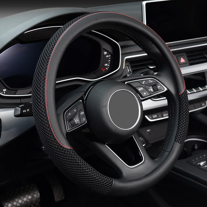 KAFEEK Steering Wheel Cover, Universal 15 inch, Microfiber Leather Viscose, Breathable, Anti-Slip,Warm in Winter and Cool in Summer, Black Standard size[14 1/2''-15'']