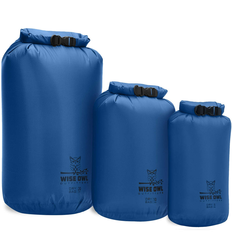 Wise Owl Outfitters Waterproof Dry Bag 3-Pack – Lightweight & Airtight 5L/10L/20L Small & Large Dry Bags for Kayaking, Beach, Travel, Boating, Hiking Blue