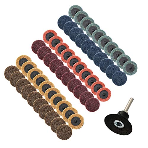 2 Inch Sanding Discs Assortment,Surface Conditioning Discs,Quick Change Design,Coarse/Medium/Fine 60 Pcs and 1/4'' Pad Holder 1Pcs. Brown-Coarse,Red-Medium,Blue-Fine