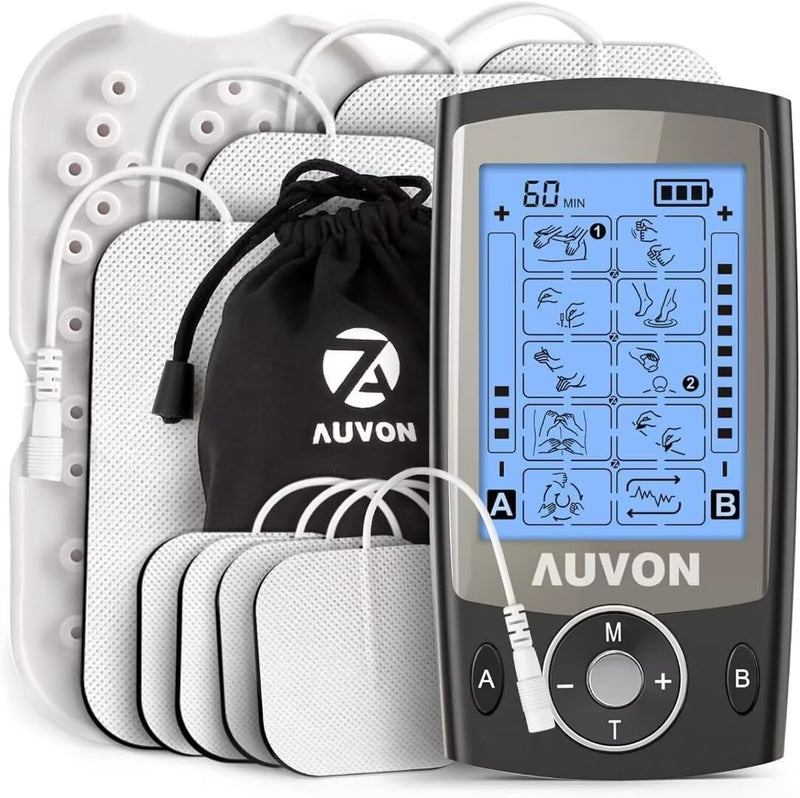 AUVON Dual Channel TENS Unit Muscle Stimulator Machine with 20 Modes, 2" and 2"x4" TENS Unit Electrode Pads (Black) Black