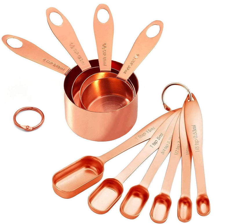 10-Piece Copper Measuring Cups and Spoons Set Stainless Steel Heavy Duty Rose Gold Engraved Stackable Nesting Kitchen Teaspoon/Tablespoon Set for Dry & Liquid Ingredients Coffee Cooking & Baking
