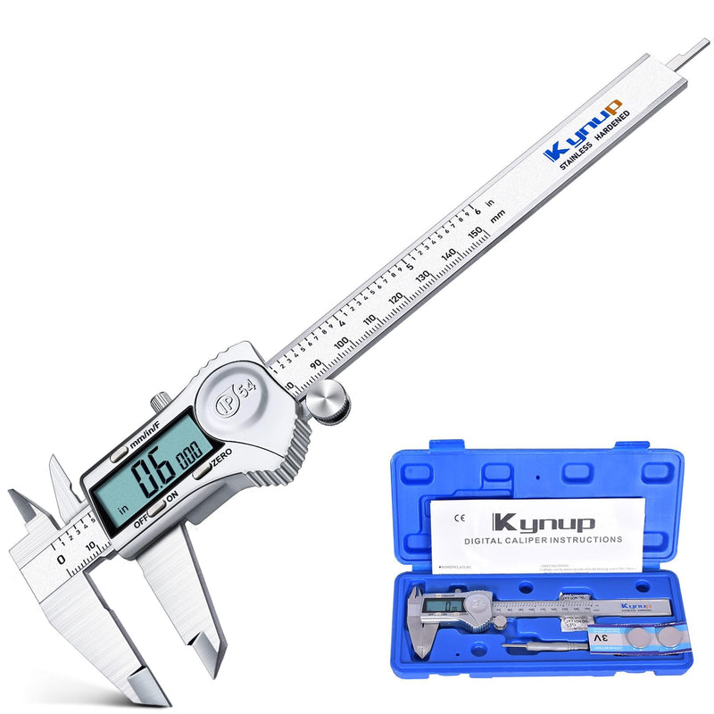 Kynup Digital Caliper, Caliper Measuring Tool Outside Micrometer, Vernier Dial Caliper, 6 Inch Caliper DIY Tool, Stainless Steel, IP54 Splash Proof, Inch Metric Fraction Switch, Large LCD Screen Silver 150mm