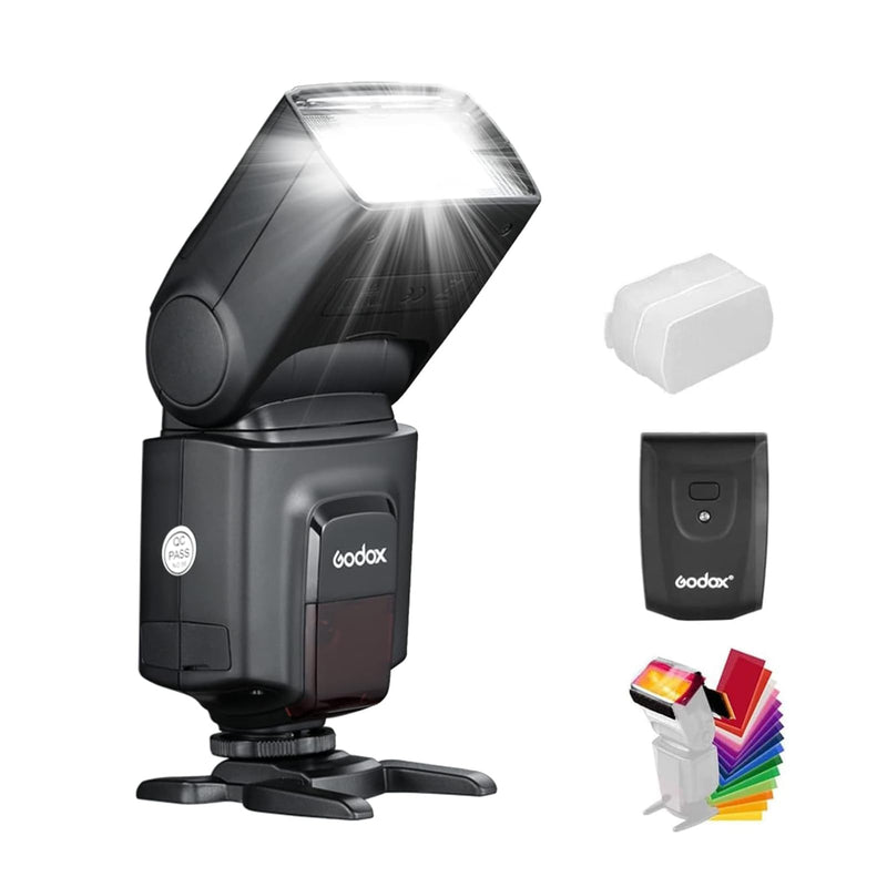 Godox Wireless 433MHz GN38 Camera Flash Speedlite with Built-in Receiver with RT Transmitter Compatible for Canon Nikon Sony Olympus Pentax Fuji DSLR Cameras with Diffuser + Filters