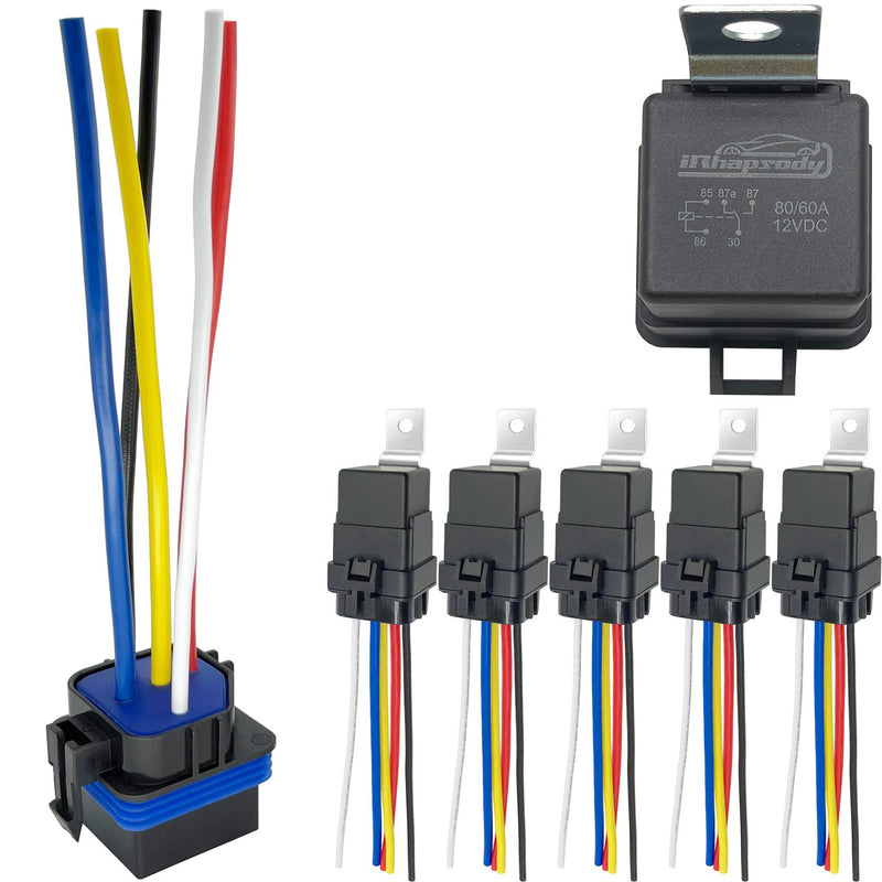 irhapsody Relay 12V, 80/60 Amp Waterproof Relay, 5 Pin Automotive Relay, Spdt 12-Volt Auto Relay with Pigtail 5 relays