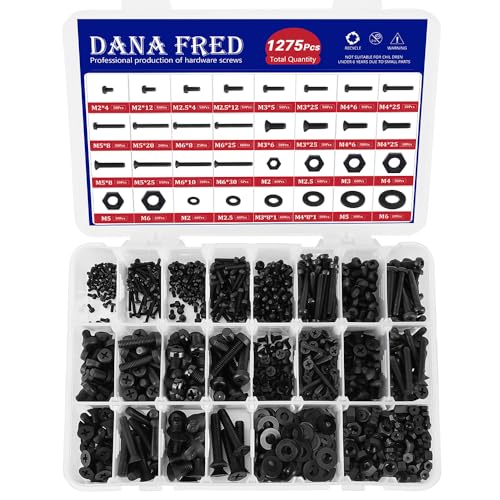 1275pcs Black Nylon Phillips Pan Head Bolt Nut Washer Kit,M2-M6 Black Plastic Flat Pan Head Machine Screws Nuts Washers for Micro Controller Board Building,Insulate or Fasten PCB Board