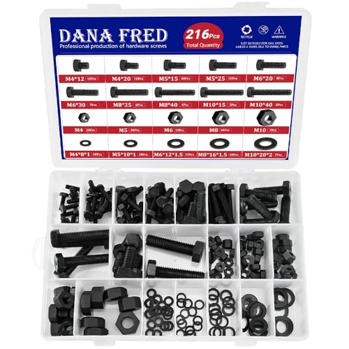 216pcs Black Nylon Hex Screw Nut Washer Kit,M4 - M10 Black Plastic Hexagonal Nuts and Washers for Micro Controller Board Building,Insulate or Fasten PCB Board Metric Thread Machine Bolts
